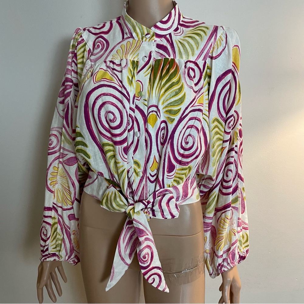 Women's CHRISTIAN SIRIANO Colorful TROPICAL SWIRL Linen Blend CROPPED BLOUSE - Picture 2 of 6